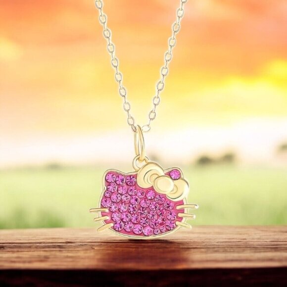 Hello Kitty Pendant Necklace ✦ 925 Silver Fuchsia Swarovski ✦ Gold Chain NWT - Picture 3 of 14